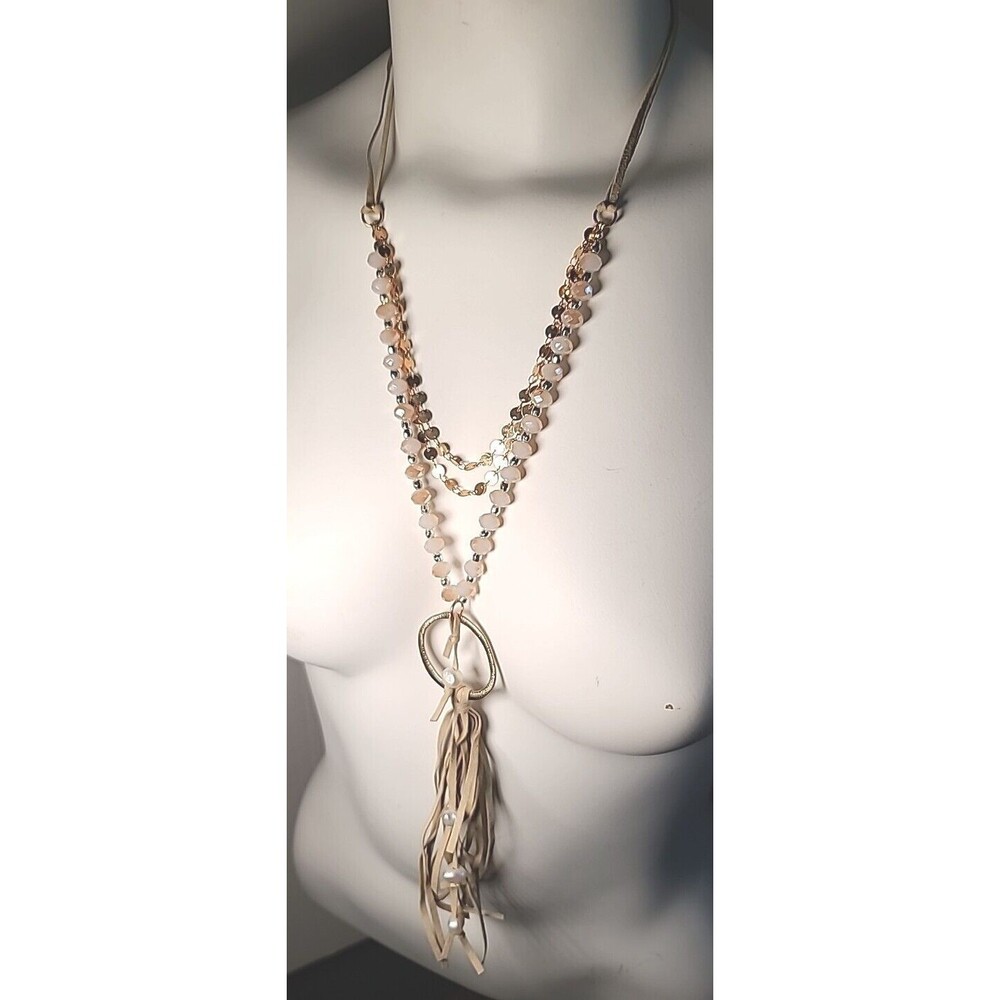 Vintage Cream & Gold Adjustable Beaded Tassel  Necklace Bohemian Hippie